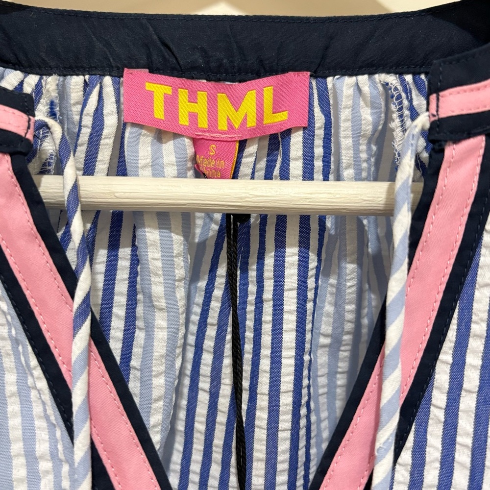 THML Coleen Top in Blue & White Stripe,Puff Sleeves With Floral Accents - Picture 7 of 9